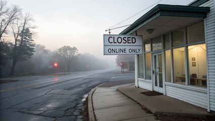 Obraz premium Closed store with sign Online only on a foggy day - empty facade, online store