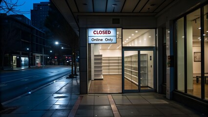 Night view of closed store with sign 'Online only' - empty display window, online store