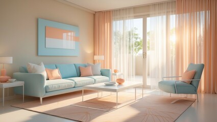 A contemporary living room interior featuring a comfortable sofa, modern furniture, and stylish design elements, creating a luxurious and inviting home