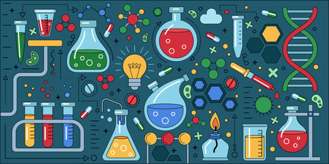 Laboratory background. Science chemistry lab. Biology tools. Chemical equipment. Glass beaker with burner. School education pattern. Scientific experiment. DNA analysis. Vector pharmacy tidy banner