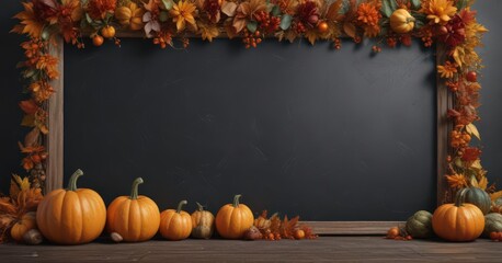 Rustic chalkboard frame overflowing with various-sized pumpkins, autumn leaves, and gourds ,  halloween,  fall decor,  celebration