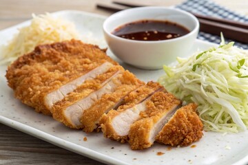 Crispy Japanese tonkatsu cutlets with coleslaw and tonkatsu sauce on a white plate.