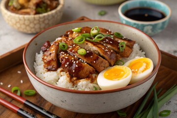 A hearty serving of oyakodon: rice topped with chicken, egg, and onion in a sweet soy sauce in a ceramic bowl.