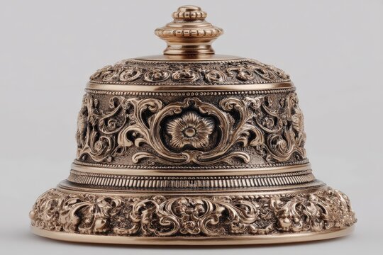 Intricately designed vintage bell featuring ornate patterns and a polished finish displayed against a neutral background