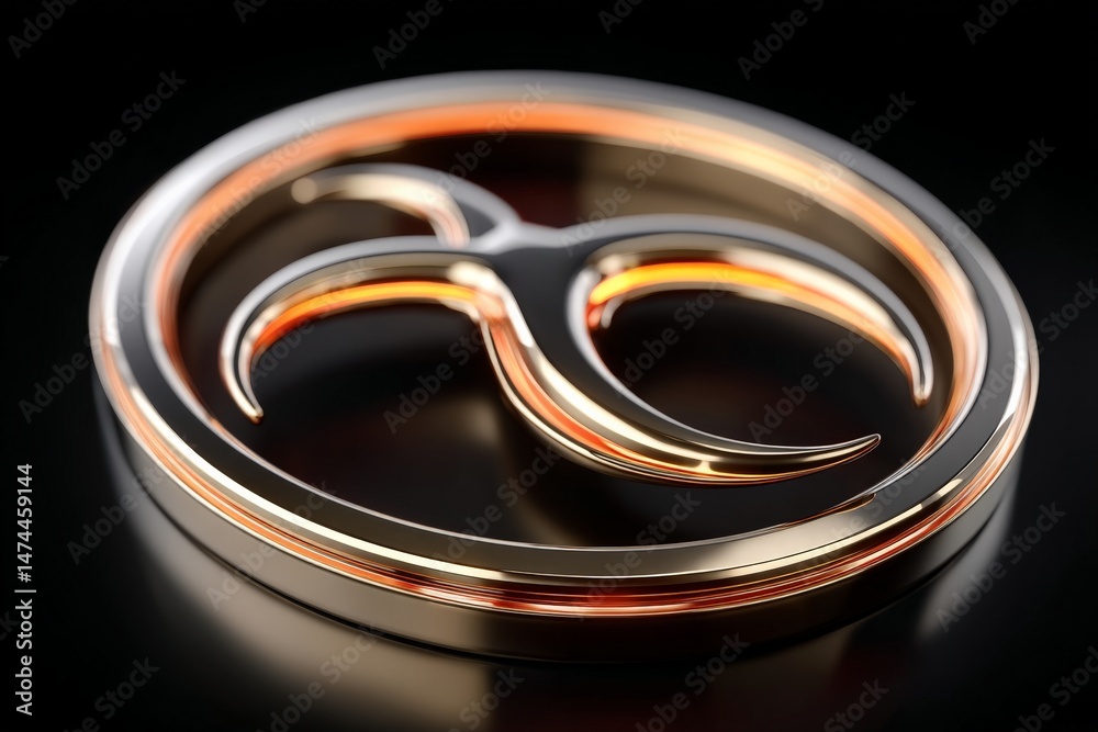 Poster stylized metallic logo design with glowing accents displayed against a dark background