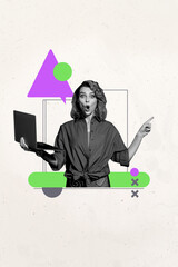 Pop art zine photo collage of happy girl guy speak bubble laptop type message laptop communication...