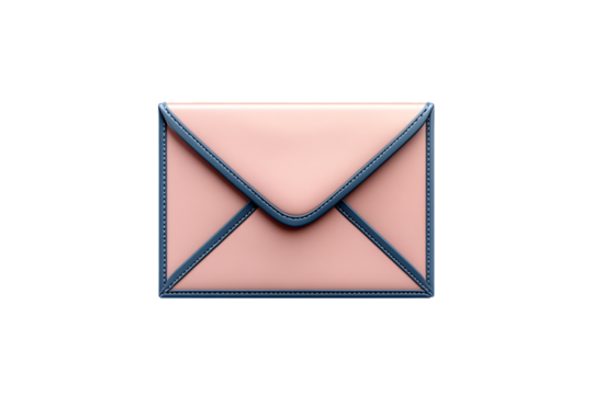 Pink and blue leather envelope pouch with diagonal accent trim and stitched geometric patterns, isolated on a transparent background