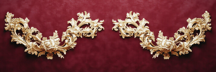 Gold rococo style stucco ornament with floral details on maroon background