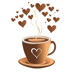 Obraz premium A steaming cup of coffee, surrounded by hearts
