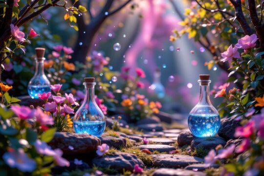 a mystical, glowing garden with rare acids contained in delicate glass flasks