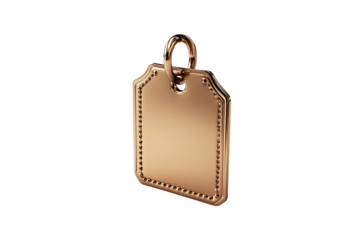 Elegant gold tag with rounded corners and beaded edge design, suspended from a thick metal loop, isolated on a transparent background