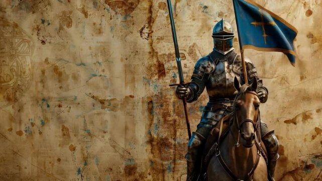 Medieval knight in blue armor on horse with spear, helmet, and unique features. Aged backdrop gives historical, adventurous vibe.
