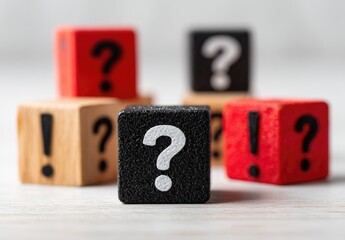 A cluster of wooden blocks, each displaying a question mark or exclamation point.  A central focus on a black block with a prominent question mark