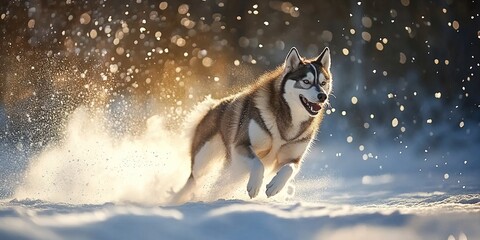 Naklejka premium A Husky running joyfully in snowy field with falling snowflakes and sunlight.
