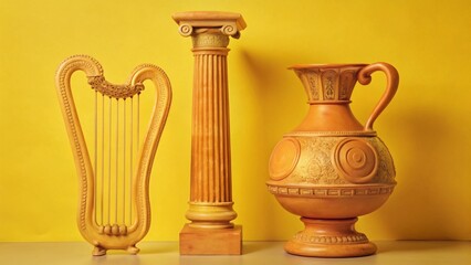 Ancient Greek Symbols: Column, Amphora, Harp on Blue Background - High-Resolution Stock Photo