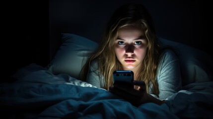Obraz premium A young girl with long blonde hair is lying in bed, staring at her phone in the dark.