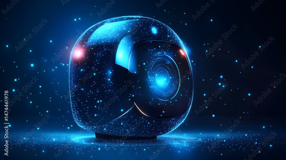 Poster Futuristic technology orb with glowing blue grid. Digital sphere with circular elements and lines in a vibrant, virtual environment. Abstract wireframe in dark blue