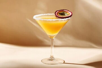 Refreshing passionfruit margarita cocktail with salted rim on stylish background