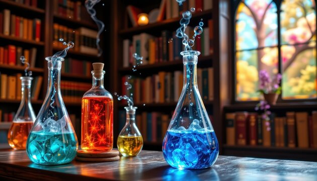 a glowing, enchanted library with rare acids in elegant glass flasks