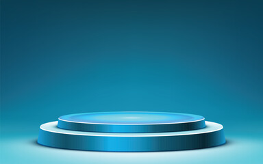 Realistic 3D vector graphic of a blue two-tiered cylindrical pedestal or podium. Object on blue background perfect for product display, presentation, awards, or mockup projects.