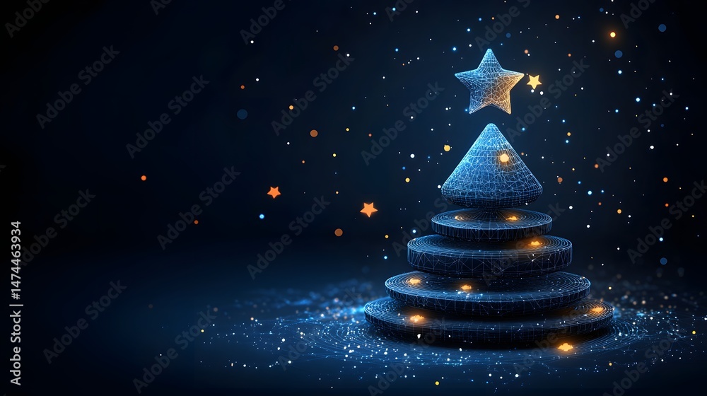 Poster futuristic christmas tree with glowing ornaments against a starry backdrop. wireframe design and vib