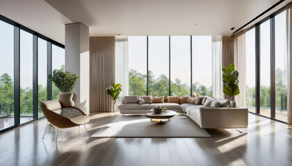 Fototapeta premium a spacious modern living room with large windows and shiny floor