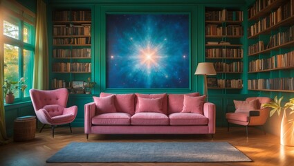 Contemporary living room interior with comfortable furniture, a cozy fireplace, and modern design elements