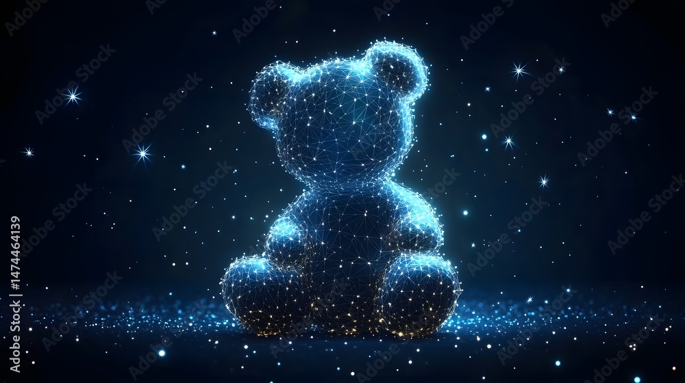 Poster digital teddy bear outlined in glowing blue, seated against a dark blue cosmic backdrop with sparkli