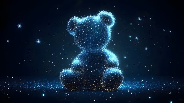 Digital teddy bear outlined in glowing blue, seated against a dark blue cosmic backdrop with sparkling lights. Abstract wireframe in dark blue. A dreamy, celestial scene.