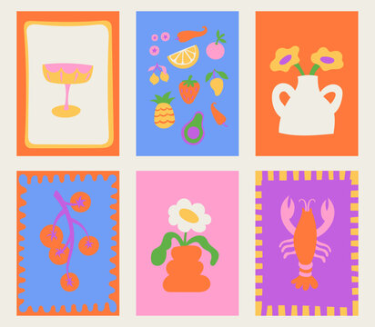 Vector simple minimal illustrations  in bright bold colors, simple wavy and groovy doodle naive style, simple hand drawn design templates for prints, summer vacation and travel