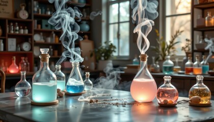 a peaceful laboratory, where rare acids are stored in delicate glass containers, glowing softly in pastel shades