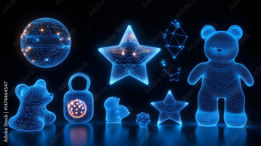 Poster Futuristic abstract wireframe collection glowing with a blue neon effect. Features bears, stars, constellations and geometric shapes against a stark black backdrop. Abstract wireframe in dark blue.