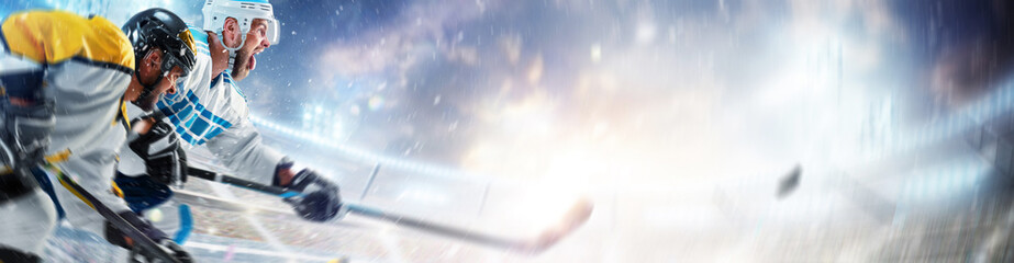 Hockey action. Two professional hockey player in action. Focus on the hockey players. Fight for the...