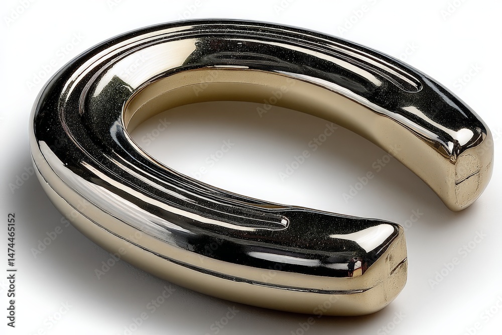 Poster Unique shiny horseshoe displayed on a white background highlighting metallic finish and smooth curves