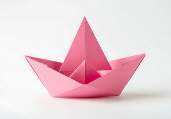 A pink origami boat on a plain white background studio