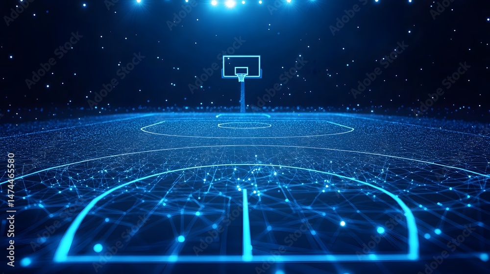 Poster futuristic basketball court bathed in ethereal blue light. digital rendering with crisp lines, ideal