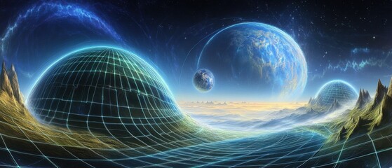 Surreal Landscape with Planets and Grid Structures in a Sci-Fi Style Digital Art Illustration