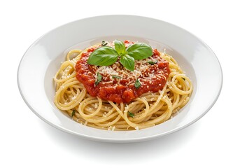 Spaghetti with tomato sauce and basil on a white plate