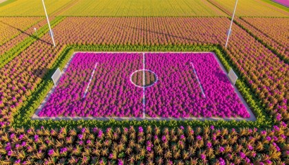 Colorful Flower Field Formed Like a Soccer Field in Aerial View