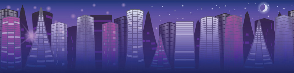 Panorama of a big city, high-rise buildings, the rising sun and the moon high in the sky
