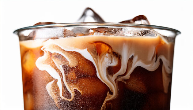close up view of iced coffee with swirling cream and condensation on glass