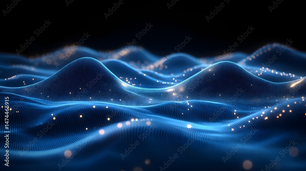 Poster Futuristic abstract landscape with glowing orange elements over a blue dot matrix on a black background. Evokes digital or simulated terrain. Abstract wireframe in dark blue.