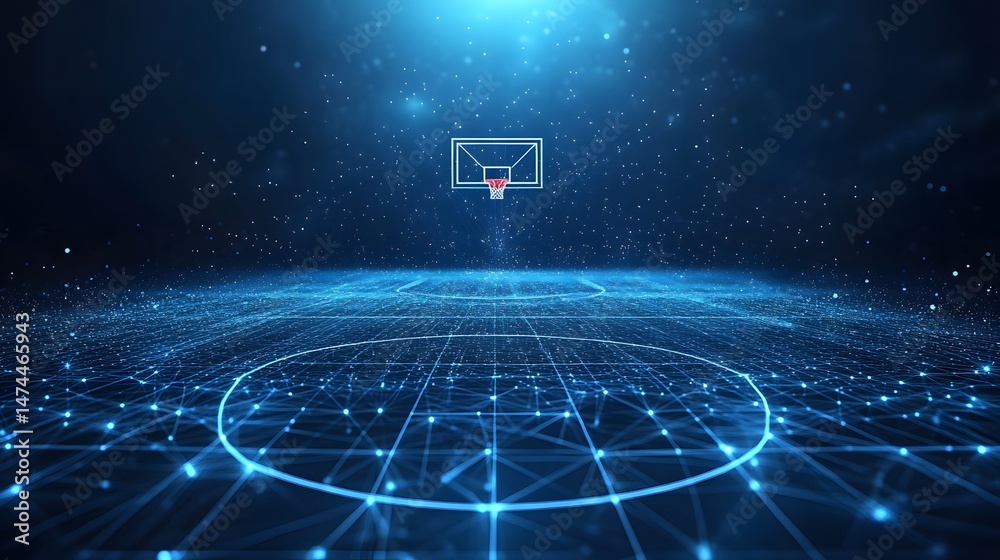 Fototapete Futuristic basketball court with glowing blue lines and nodes against a dark cosmic backdrop. A white wireframe backboard and red net complete the scene. Abstract wireframe in dark blue