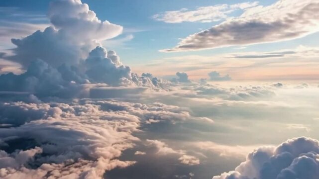 Begin with a slow-motion aerial drift above an endless sea of glowing, fluffy clouds during golden hour. Let the camera glide smoothly, simulating the sensation of flying, weightless and free.