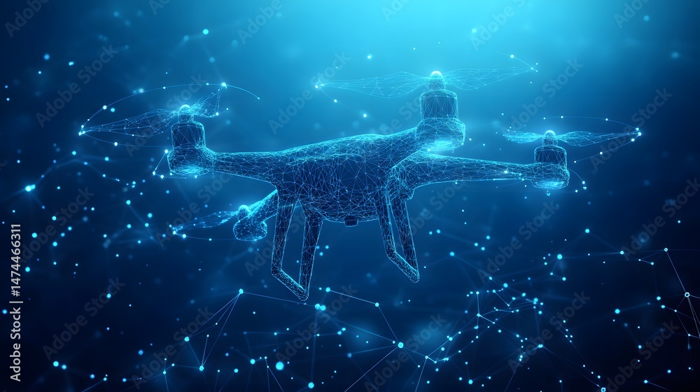 Aufkleber Futuristic drone represented as a glowing wireframe network against a gradient blue background. Captures innovation and technology. Abstract wireframe in dark blue.