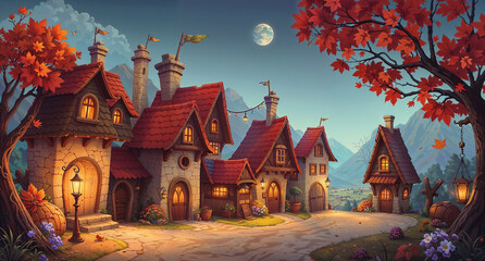 Fototapeta premium illustration of a cute fairy village with medieval style houses. Cartoon fairytale autumn background location for games