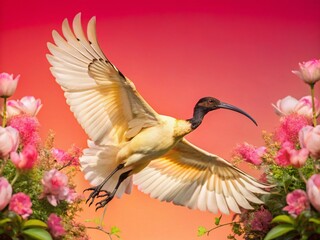 Obraz premium Black-headed Ibis Double Exposure: Nature's Elegance in Flight and Bloom