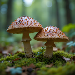Fototapeta premium Two boletus edulis or porcini mushroom grow in forest close up, abstract natural background. Edible mushrooms brown cap boletus. harvest season, picking fungi in wild nature concept