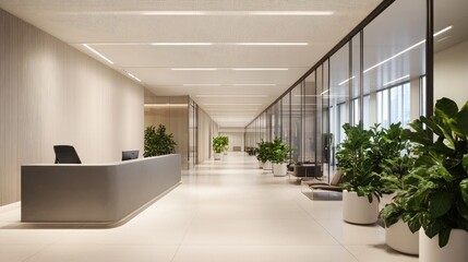 Modern lobby featuring reception desk, planters, white floors and glass walled offices