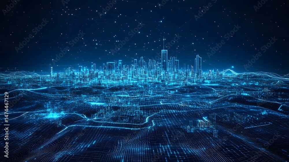 Fototapete Futuristic cityscape with glowing blue skyscrapers and a digital network sky. A data visualization of a smart city concept with abstract wireframe in dark blue.